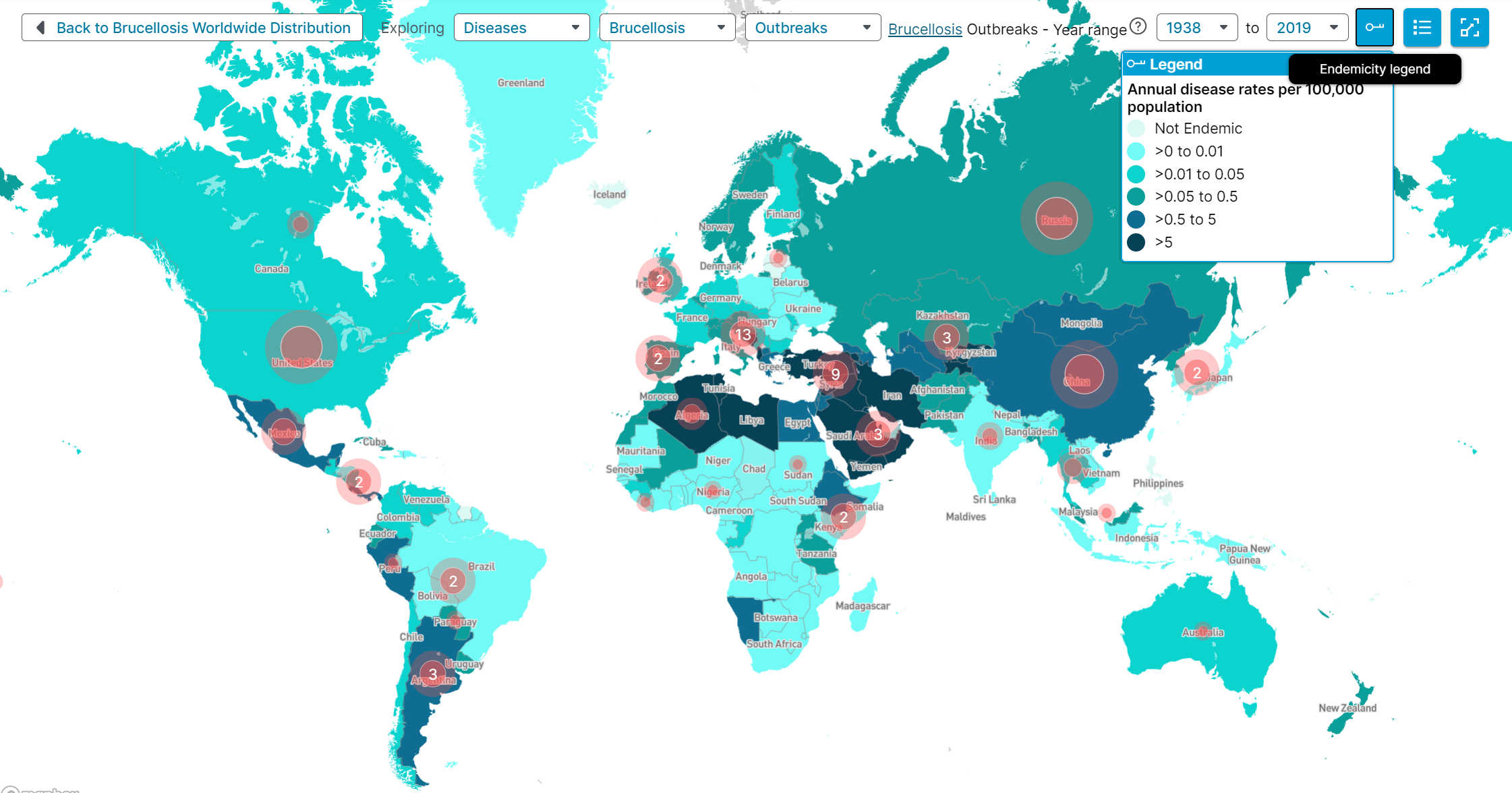 Brucellosis outbreaks and distribution map, 1938 - 2019