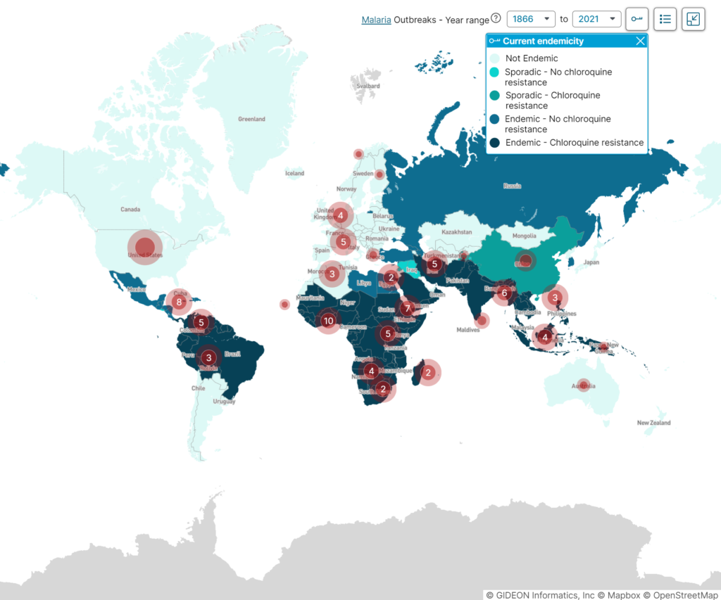 Malaria - current endemicity and historical outbreaks map, illustrating disease incidence between 1866 - 2021.