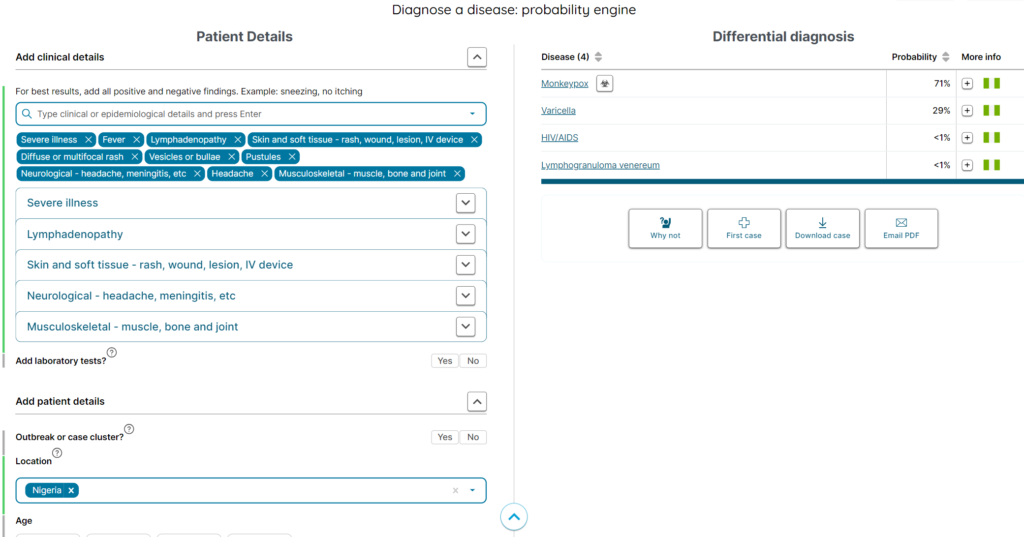 GIDEON diagnostic probability engine. Differential diagnosis of Monkeypox